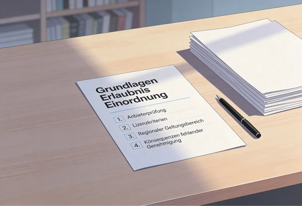 Ruhige Schreibtischszene mit Checkliste zur Einordnung einer Glücksspiel-Erlaubnis