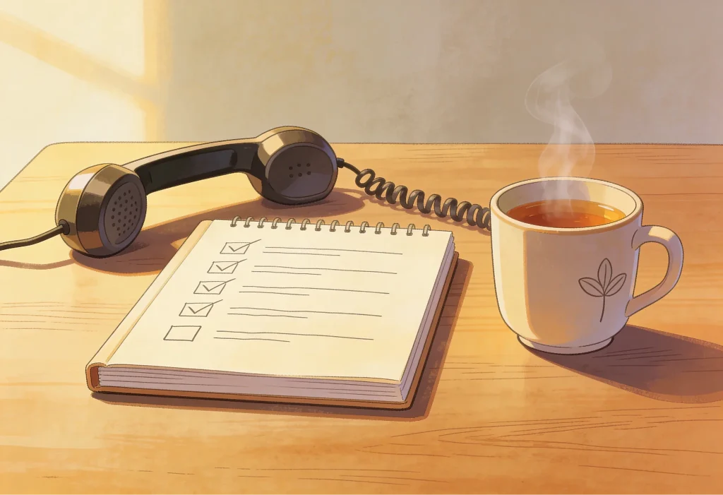 Ruhige Beratungssituation mit Notizbuch, Telefon und Selbstschutzplan